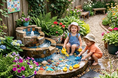 Un petit coin fontaine pour enfants dans un petit jardin