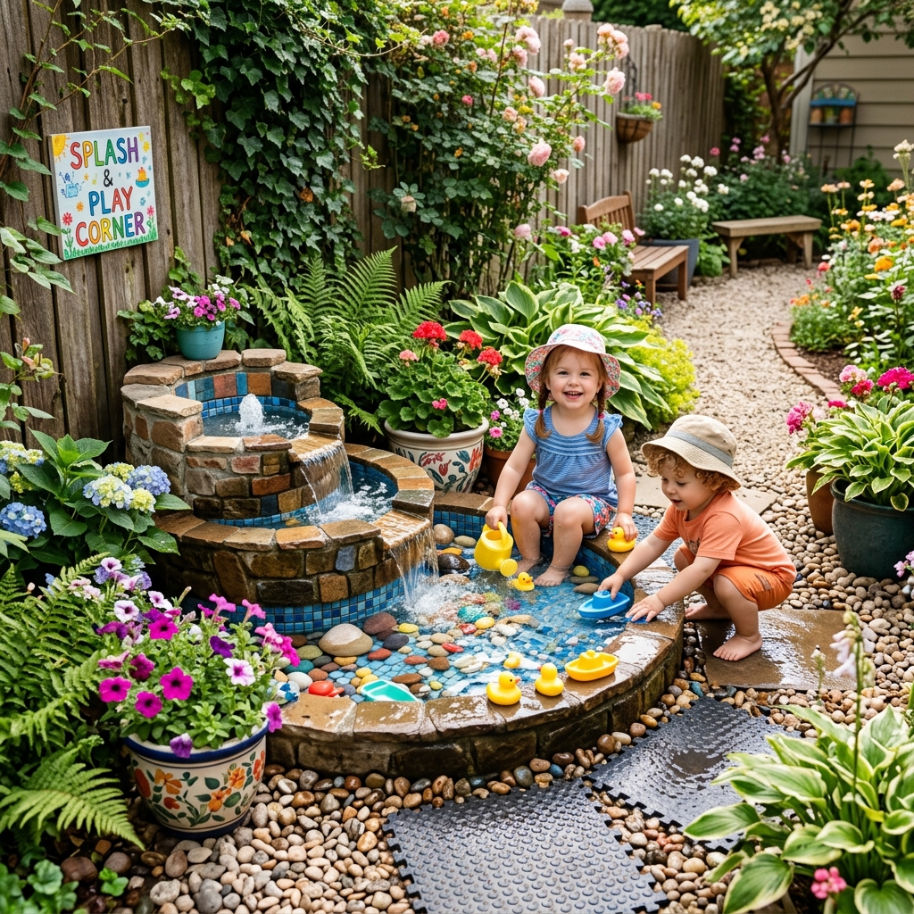 Un petit coin fontaine pour enfants dans un petit jardin