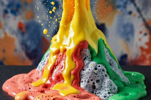 Un volcan coloré à base de vinaigre et de bicarbonate de sodium.