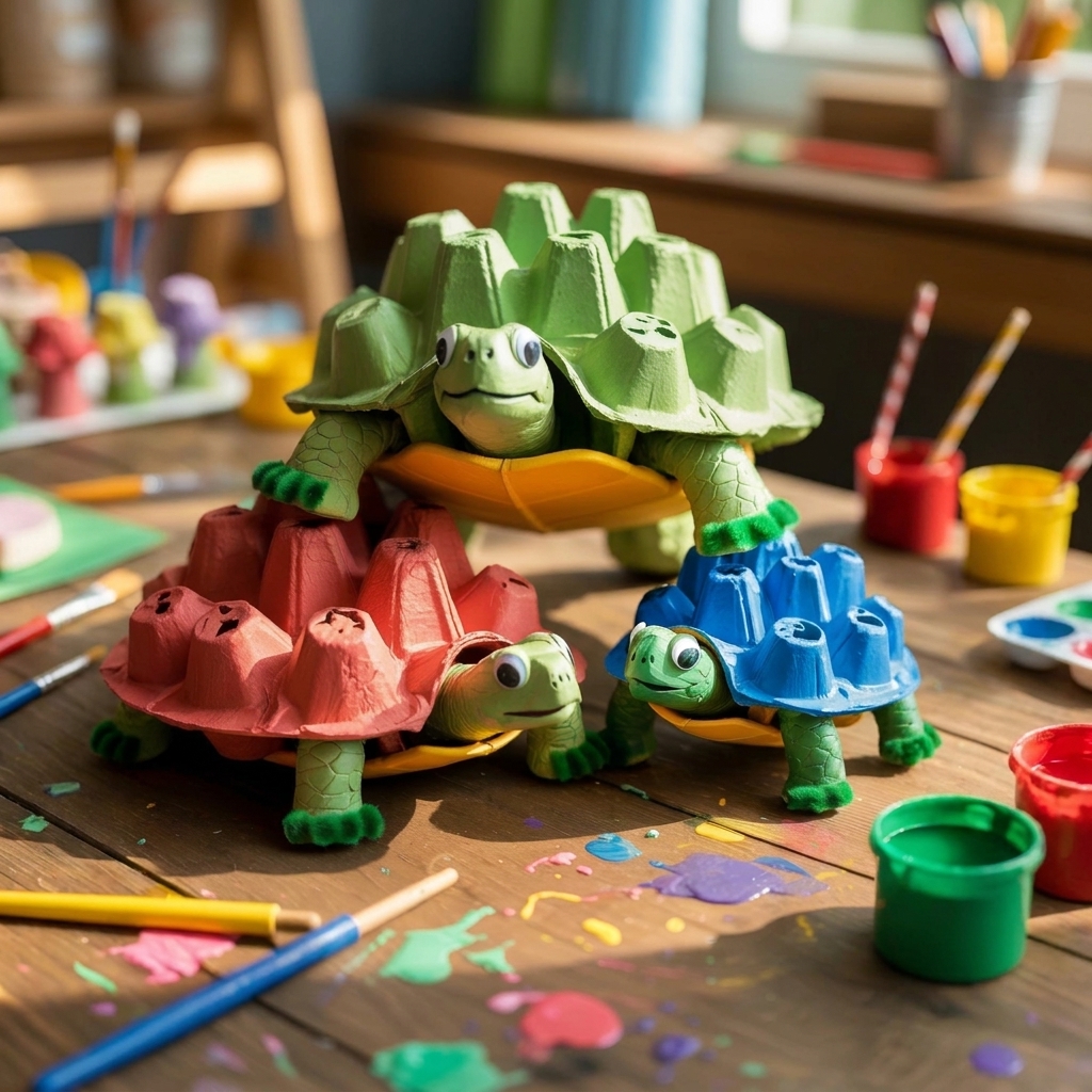 la famille tortue dans une boîte à œufs