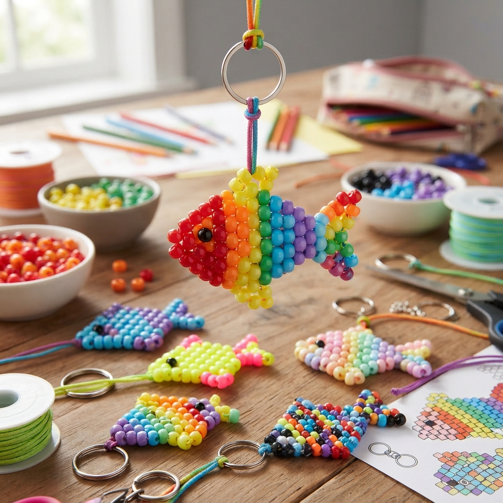 A rainbow fish-shaped beaded keychain