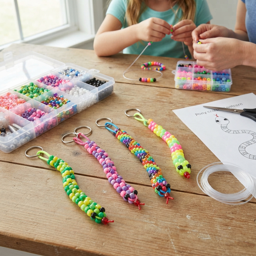 Snake-Shaped Keychains Made from Pony Beads